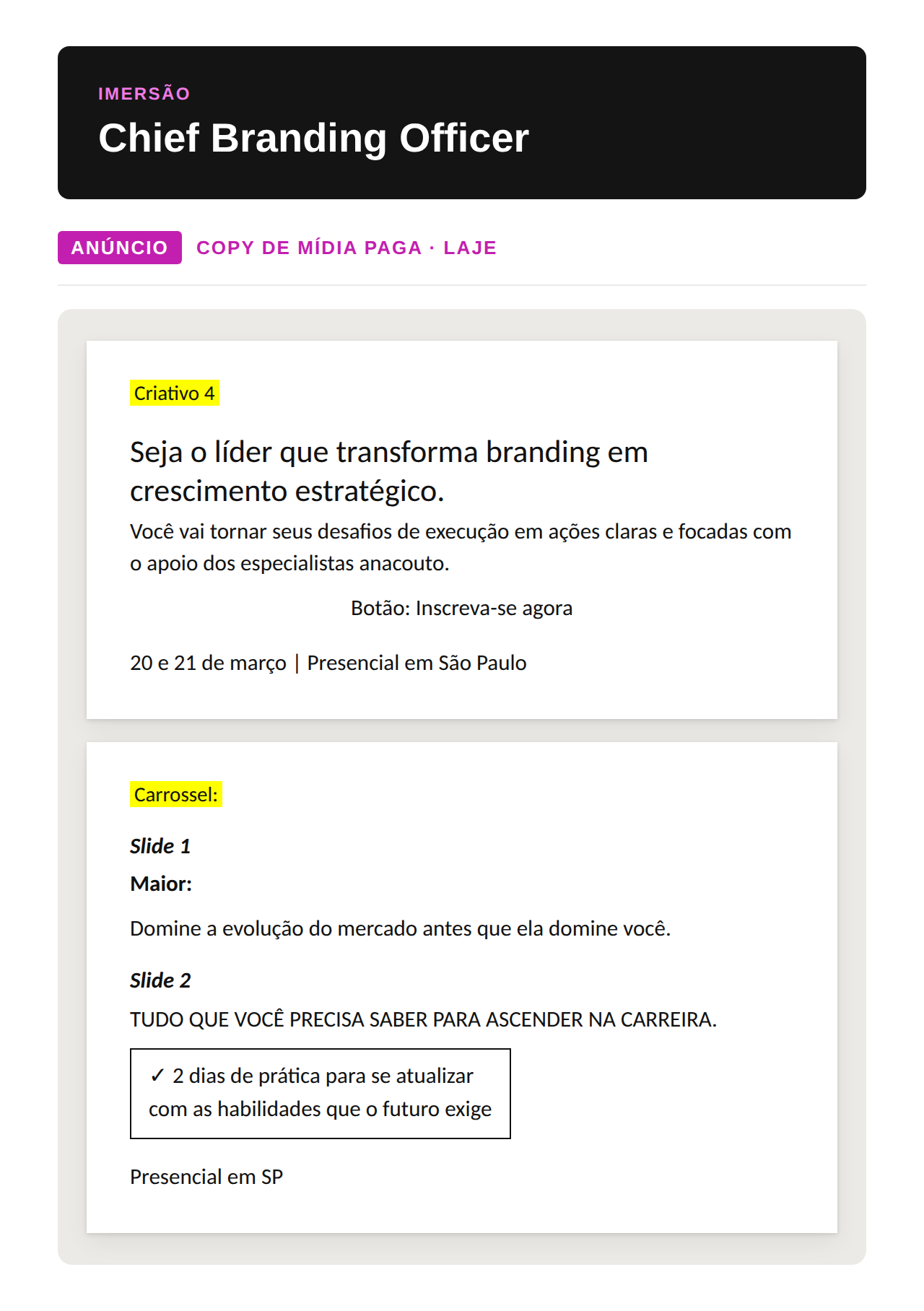Copy de mídia paga da Imersão Chief Branding Officer com criativo de objeção e carrossel