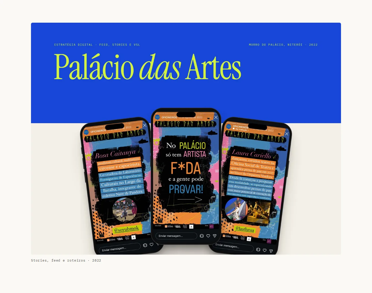 Palácio das Artes case cover: title on a blue background and three phones showing campaign stories