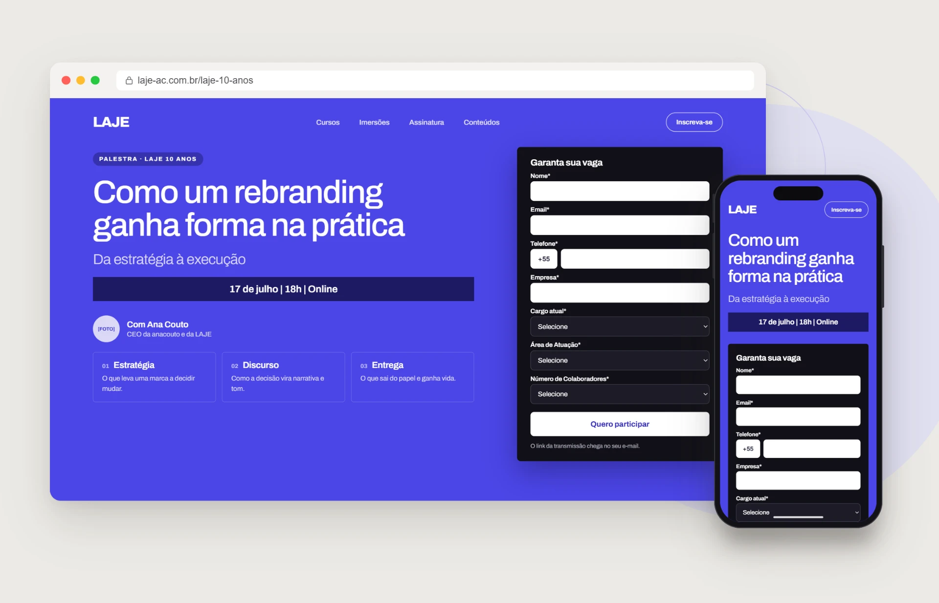 Masterclass landing page for Como um rebranding ganha forma na prática, with Ana Couto and Carolina Sá, on desktop and mobile