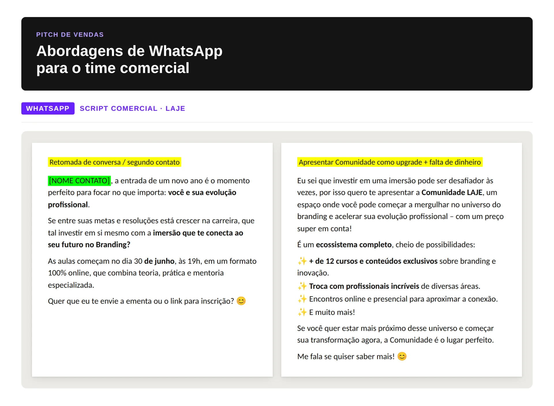 Pitch de vendas com abordagens de WhatsApp para o time comercial