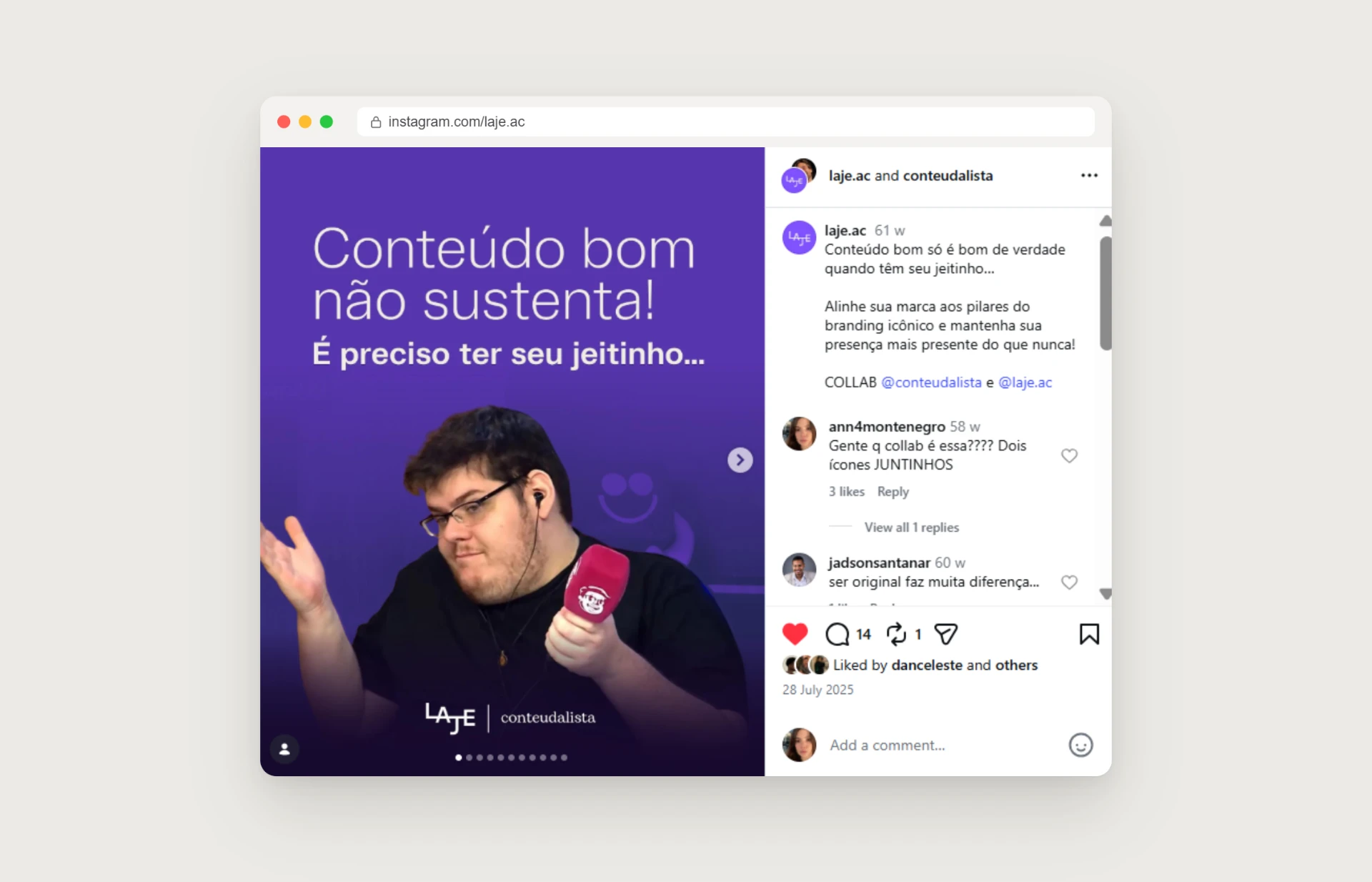 LAJE and conteudalista collaboration post