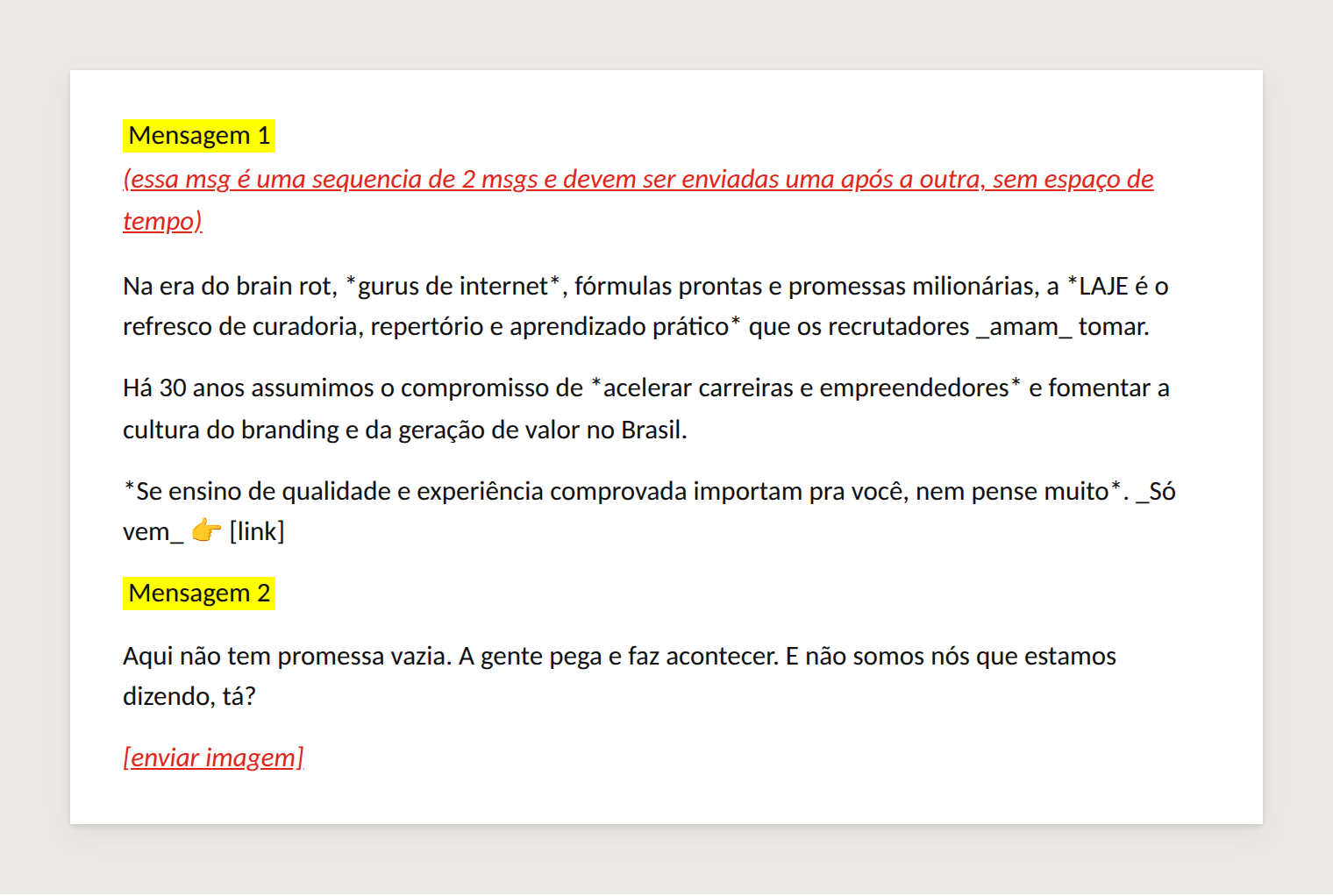Sequência de mensagens de WhatsApp da LAJE Week na Black Friday