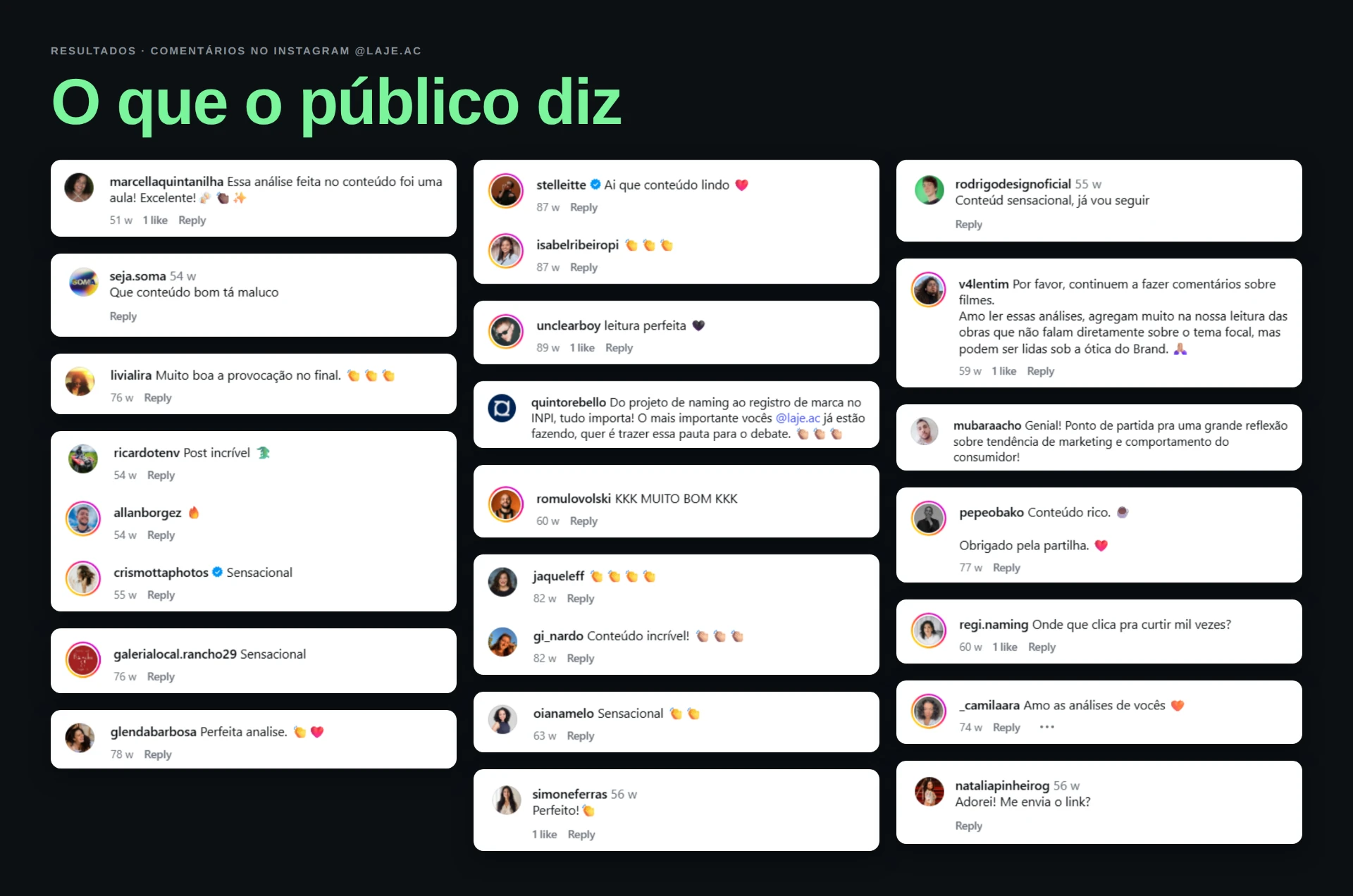 Comentários do público nos posts da LAJE