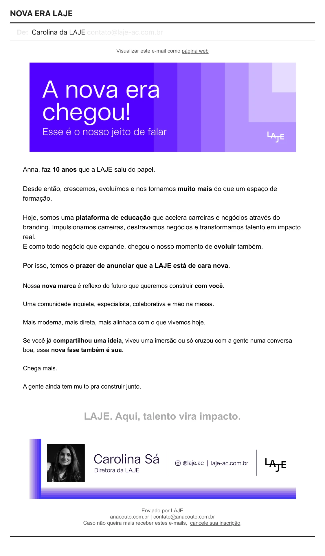 Nova Era LAJE email signed by Carolina Sá